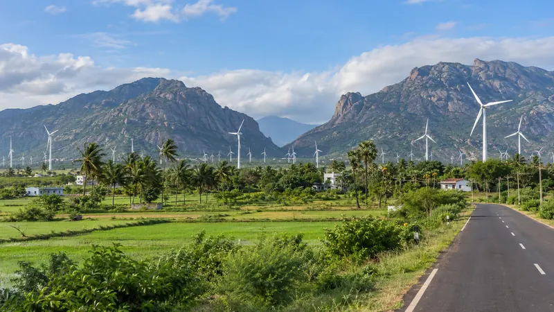 Aralvaimozhi wind-gap landscape with Western Ghats, green fields, local road and wind turbines