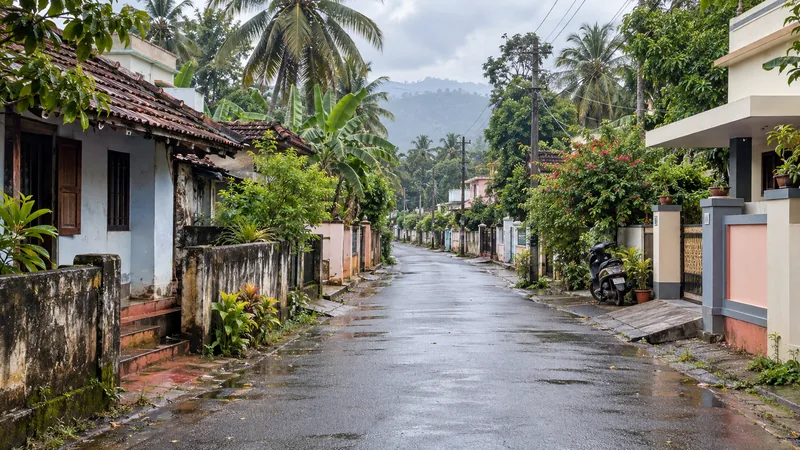 Quiet residential street in Eraniel with tiled houses, coconut palms and rain-washed road