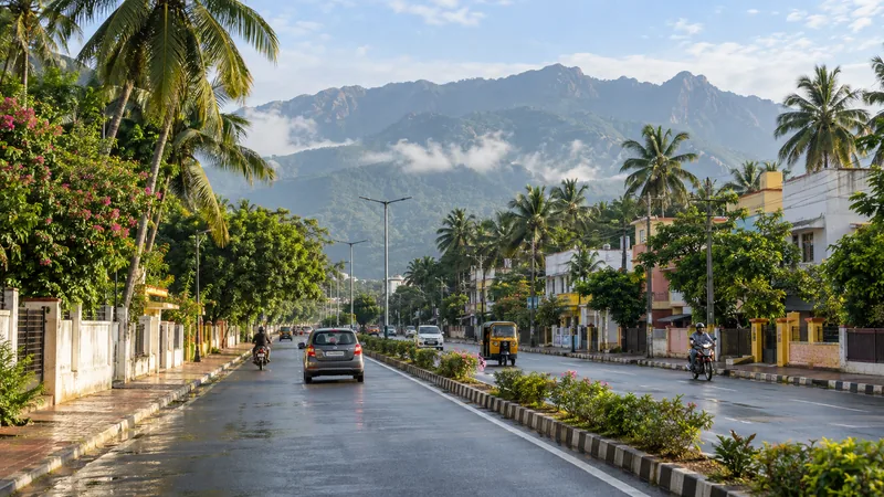 Nagercoil streetscape with cars, an auto-rickshaw, coconut palms and the Western Ghats