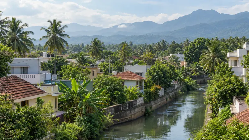 Leafy Parvathipuram neighbourhood beside a channel with coconut palms, homes and distant hills