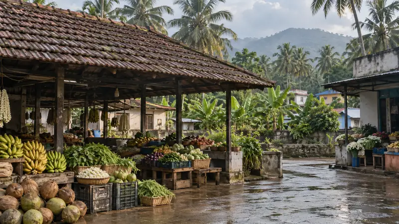 Produce market with bananas, vegetables, coconuts and tropical greenery in Thingal Nagar