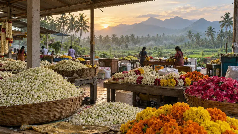 Flower baskets in a Thovalai market setting with fields, palms and the Western Ghats