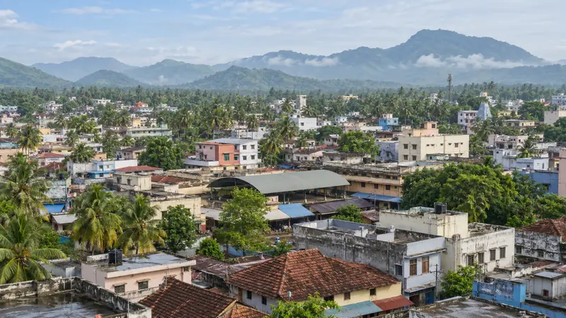 Elevated view across Thuckalay town with tiled roofs, coconut palms and Western Ghats hills
