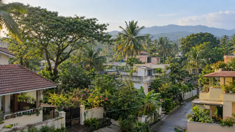 Established tropical neighbourhood in Vetturnimadam with low-rise homes, mature trees and distant Western Ghats
